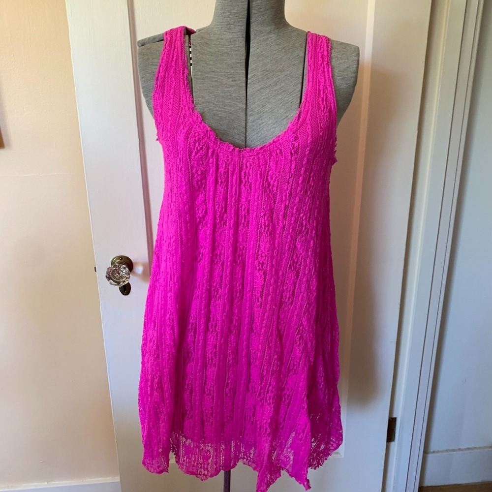 Free People Magenta Pink Stretch Lace Mini Swing Dress XS Fuchsia Boho Festival